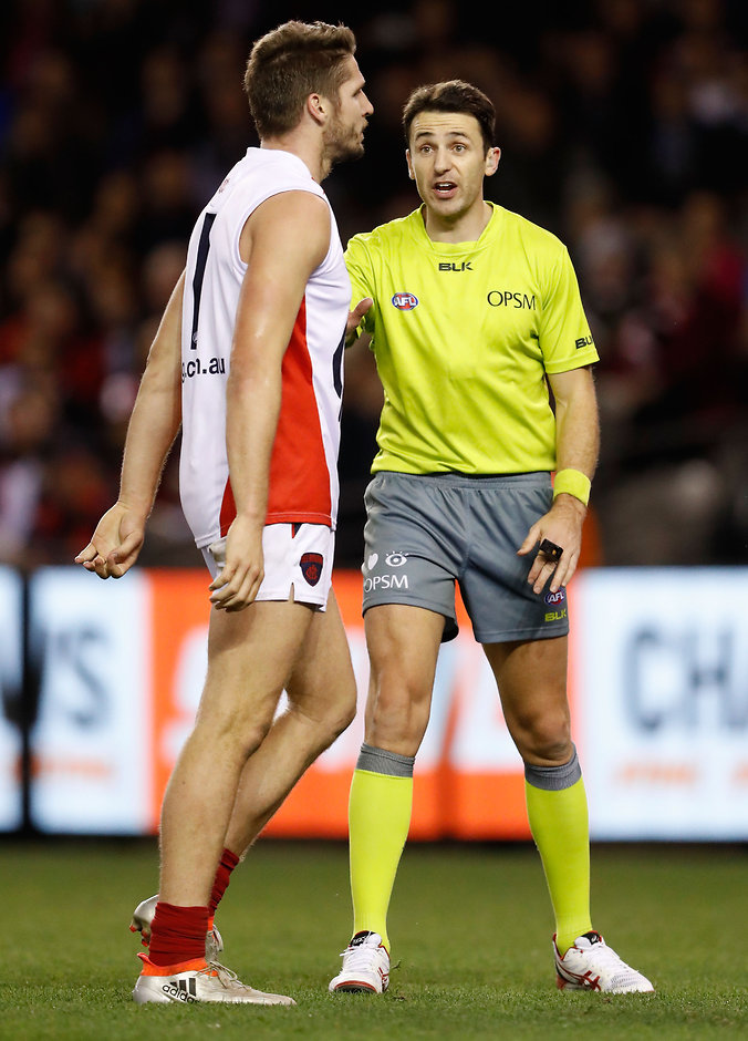 AFL 2016 Rd 17 - St Kilda v Melbourne MELBOURNE, AUSTRALIA - JULY 17: Jesse Hogan of the Demons is reported during the 2016 AFL Round 17 match between the St Kilda Saints and the Melbourne Demons at Etihad Stadium on July 17, 2016 in Melbourne, Australia. (Photo by Adam Trafford/AFL Media)